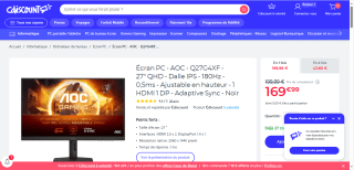 Ecran PC gaming 27" AOC Q27G4XF à 169,99€