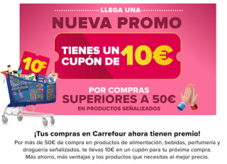 Cupón de 10€ por compras superiores a 50€ en Carrefour + Acumula 100% en cheque producto