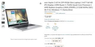Acer Aspire 3 14.0" FHD Ryzen 5 7520U 8GB 512GB por $7,611 en Amazon