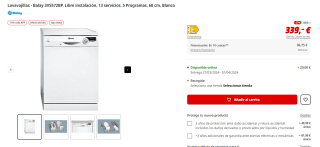 Lavavajillas Balay 3VS572BP, Libre instalación, 13 servicios, 5 Programas por 288,15€ (desde APP y newsletter desde 278,15€)