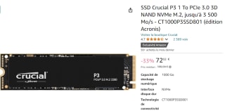 Carte interne SSD Crucial P3 1TB PCIe 3.0 à 72,02€