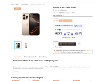 Iphone 16 Pro 128GB Arena por solo 985,33€