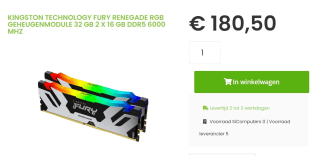 Kingston Fury Renegade RGB 32GB(2x16GB) voor €180,50 bij Sicomputers