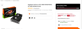 Tarjeta gráfica Gigabyte GeForce RTX 4060 WINDFORCE OC 8GB GDDR6 DLSS3 OC 8GB GDDR6 DLSS3 por 289€