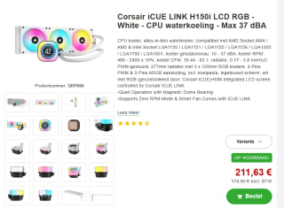 Corsair iCUE LINK H150i LCD White waterkoeler voor €211,63 bij Proshop