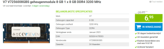 V7 V7256008GBS geheugenmodule 8 GB 1 x 8 GB DDR4 3200 MHz voor €6,95 bij Megekko