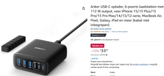 Anker USB-C Charger, 6-poorts laadstation met 112 W output voor €33,99 bij Amazon