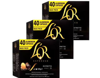 120 Cápsulas Nespresso 3 cajas Ristretto L'OR 40 Cápsulas Maxi Pack compatibles Nespresso por solo 31,40€ (Nuevos usuarios por 18,84€)