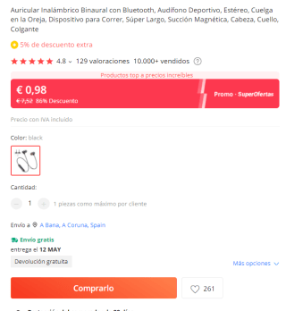 Auricular Inalámbrico con Bluetooth por 0,98€