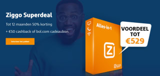 50% korting op Ziggo pakketten + gratis €50 Bol.com card of €50 cashback