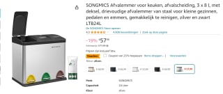 Afvalbak 24 liter roestvrij staal met drie bakken van elk 8 liter ML-ontwerp voor €43,49 bij Amazon