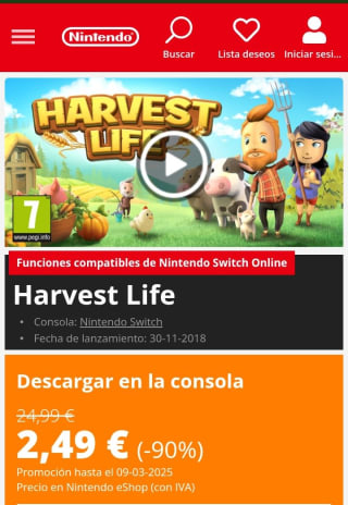 Harvest Life Nintendo Switch por 2,49€.