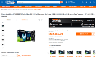 Placa Gráfica da ZOTAC Gaming, modelo RTX 3060 Ti Twin Edge de 8GB - R$ 2.369,99