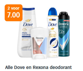 Alle Dove en Rexona deodorant 2 voor €7 bij de AH
