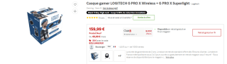Casque Logitech G Pro X Wireless + Souris sans fil Logitech G Pro X Superlight à 159,99€