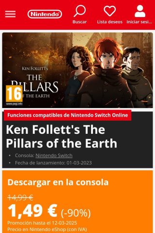 Ken Follett's The Pillars of the Earth Nintendo Switch por 1,49€.