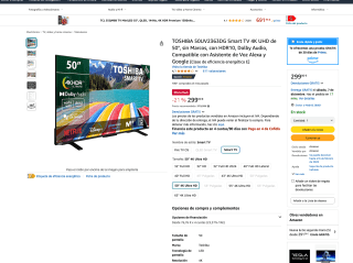 TOSHIBA 50UV2363DG Smart TV 4K UHD 50" sin Marcos con HDR10 Dolby Audio con Asistente de Voz Alexa y Google por solo 299€