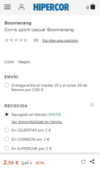 Gorra sport casual Boomerang por 2,39€.