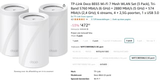 TP-Link Deco BE65 - Mesh WiFi - Wifi 7 - 9300 Mbps - 3-Pack voor €472,09 bij Amazon