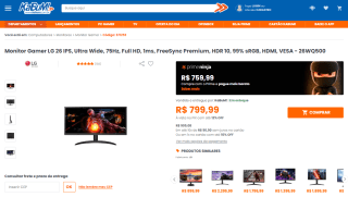 Monitor Gamer da LG de 26 polegadas - R$ 799,99
