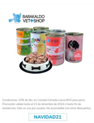 15% de dto. en Comida Húmeda marca BVS para perro.