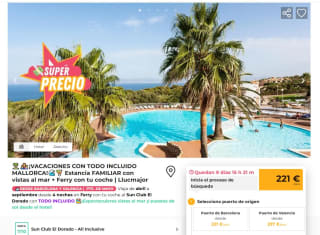 Estancia familiar con vistas al mar + Ferry con tu coche con todo incluido en Mallorca desde221€ pxp