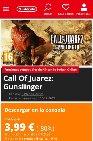 Call Of Juarez: Gunslinger Nintendo Switch por 3,99€.