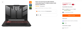 Ordenador Portatil ASUS TUF Gaming A15 2023 FA507XI-LP024 AMD Ryzen 9 7940HS/32GB/512GB SSD/RTX 4070/15.6" por 1299€