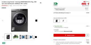 Lavadora carga frontal Samsung WW90T684DLN/S3, 9kg, 1400 rpm, Auto-dosificación, AddWash, WiFi por 444€