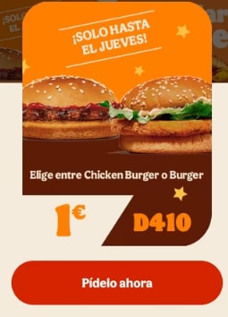 Burger King Chicken Burger o Burger por 1€