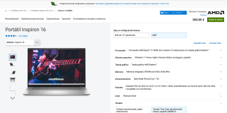 Portátil Dell Inspiron 16 Ryzen 5 7530U 8GB RAM 1TB SSD 16" FHD+ AMD Radeon por 369€