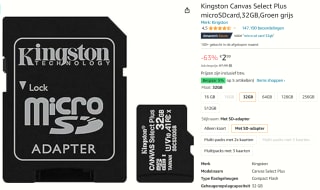 Kingston microSDHC Canvas Select Plus 32GB 100 MB/s + SD adapter voor €2,99 bij Amazon