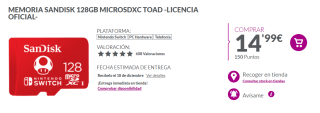 SanDisk Tarjeta Memoria SDXC 128GB Nintendo Switch por 14,99€