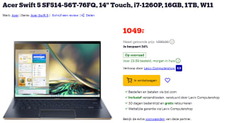 Acer Swift 5 SF514-56T-76FQ, 14" Touch, i7-1260P, 16GB, 1TB voor €1049 bij Bol