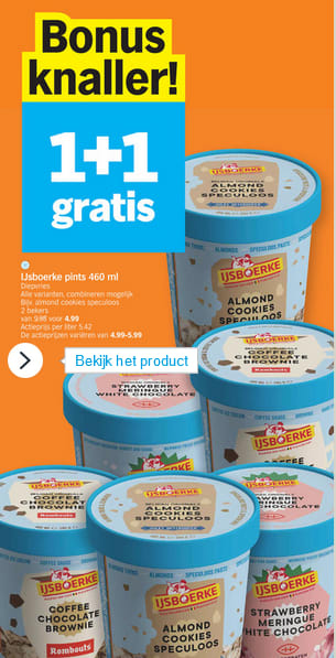 Ijsboerke ijs pints 400 ml 1+1 gratis bij Albert Heijn AH