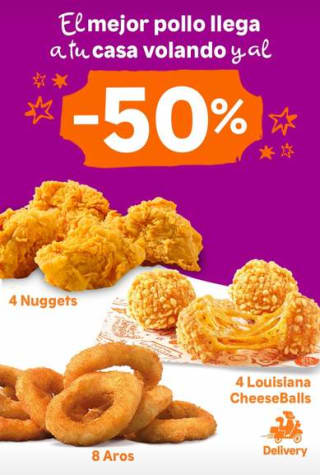 San Valentín Descuento 50% 8 Aros de cebolla/ 4 Nuggets o 4 Louisiana Cheeseballs de Popeyes