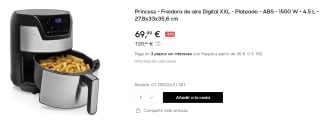 Freidora Sin Aceite 4.5L 1500W Princess Digital Aerofryer XXL por 69.99€