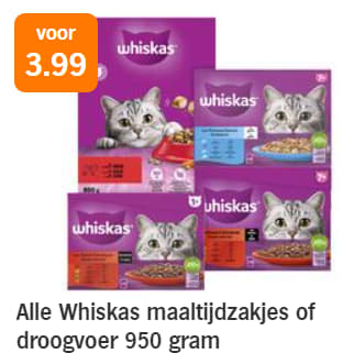 Alle Whiskas maaltijdzakjes of droogvoer 950 gram voor €3,99 bij de AH