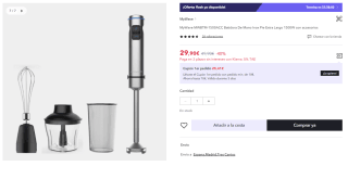 Batidora De Mano MyWave MWBTM-1500ACC Inox Pie Extra Largo 1500W con accesorios por 29.9€ (Cuenta Nueva 19.9€)