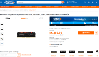 Memória da Kingston, modelo Fury Beast RGB de 16GB e 3200MHz - R$ 269,99