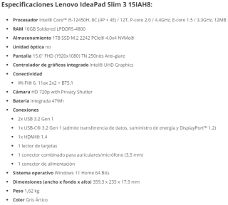Portátil Lenovo IdeaPad Slim 3 15IAH8 + regalo por 569€