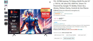 TCL 55T8B Gaming TV Onkyo QLED Pro de 55" y 144 Hz por 449€