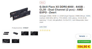 G.Skill 64 GB DDR5-6000 Kit werkgeheugen voor €184,90 bij Proshop