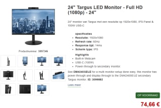 Targus - LED-monitor 24" (23.8" zichtbaar) - 1920 x 1080 Full HD (1080p) voor €74,66 bij Nbb