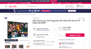 Smart TV LED Samsung 43" 4K Ultra HD 2022 por $219.990