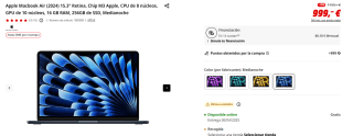 Apple Macbook Air (2024) 15.3" Retina, Chip M3 Apple, CPU de 8 núcleos, GPU de 10 núcleos, 16 GB RAM, 256GB de SSD por 999€
