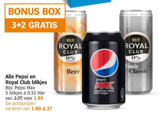 3+2 gratis op Blikjes Pepsi en Royal Club bij de AH