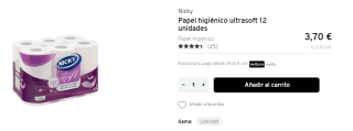 Nicky papel higiénico ultrasoft 12 unidades por 3,70€