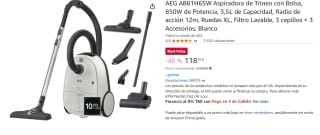 Aspiradora de Trineo con Bolsa AEG AB61H6SW, 850W de Potencia, 3,5L de Capacidad, Radio de acción 12m, Ruedas XL, Filtro Lavable, 3 cepillos + 3 Accesorios por 118.75€