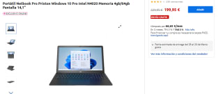 Ordenador Portátil Netbook Pro Prixton Windows 10 Pro Intel N4020 Memoria 4gb/64gb Pantalla 14,1" por 199.95€